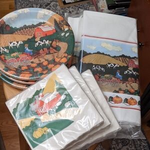 Vtg Paper Plates/Napkins/Tablecloths Thanksgiving Harvest Farm Barn